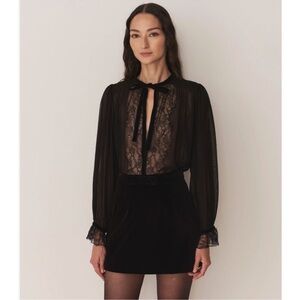 Doen Leia Black Silk Blouse Lace Details Velvet Bow Feminine XS Sheer